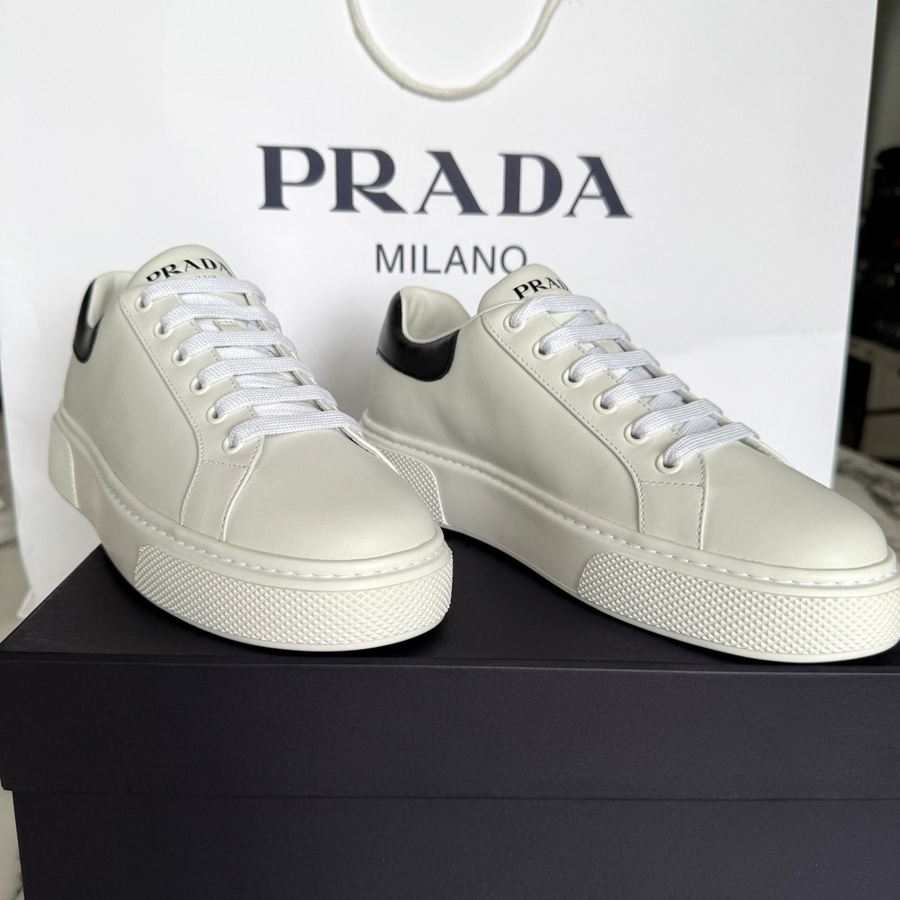 Prada 1E621M Womens Macro Logo White/Black Leather Low Top Sneakers shoes Eur 39 - Picture 7 of 11